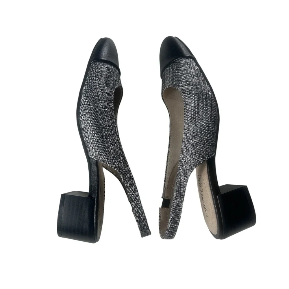 LifeStride Becoming Silver Black Cap Toe Slingback Block Heel Pumps Men 6.5M NEW